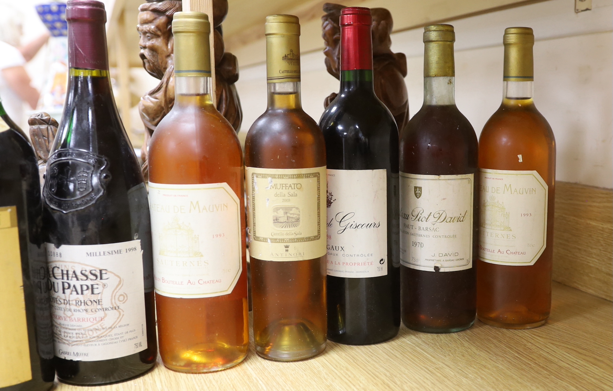 Eight bottles of mixed Cotes du Rhône, Margaux, Pauillac, and Sauternes